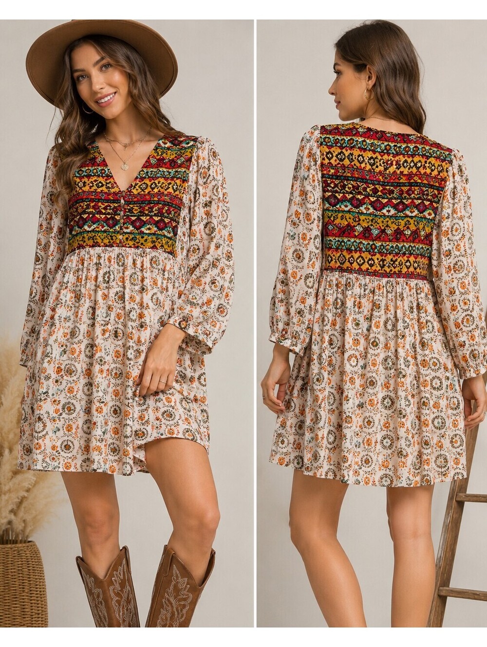 Umgee USA L Boho Mini Dress Mixed Print Aztec Floral Empire Waist 3/4 Sleeve